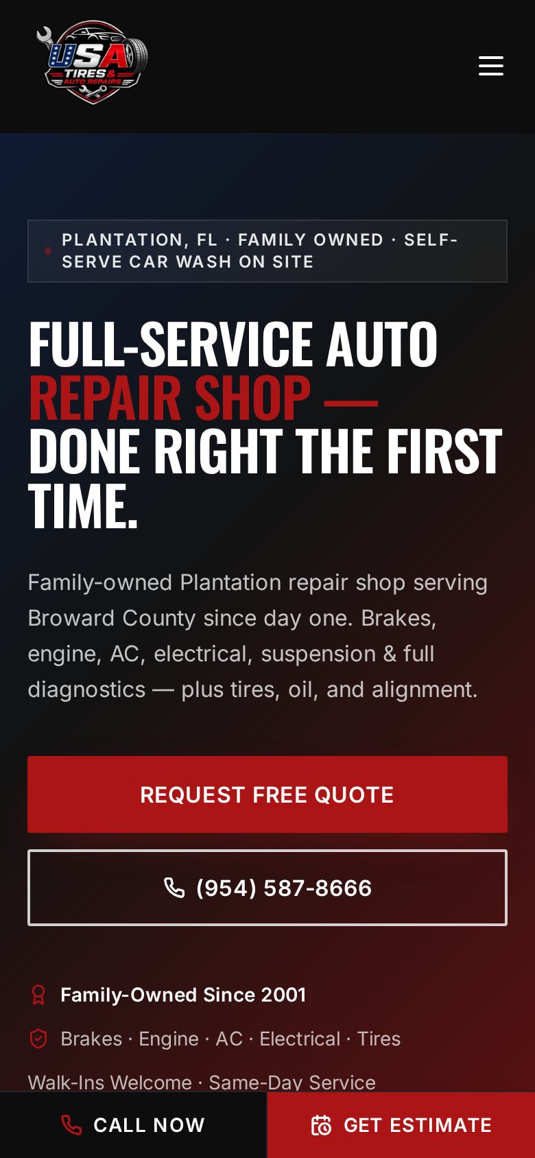 USA Tires and Automotive website, mobile view