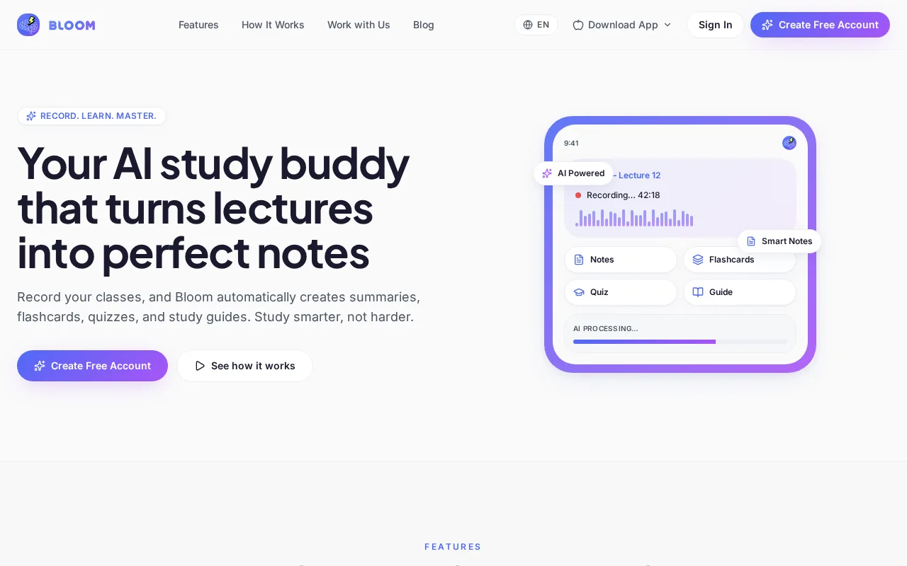 Bloom homepage: an AI study app that turns lectures into notes, flashcards and quizzes.