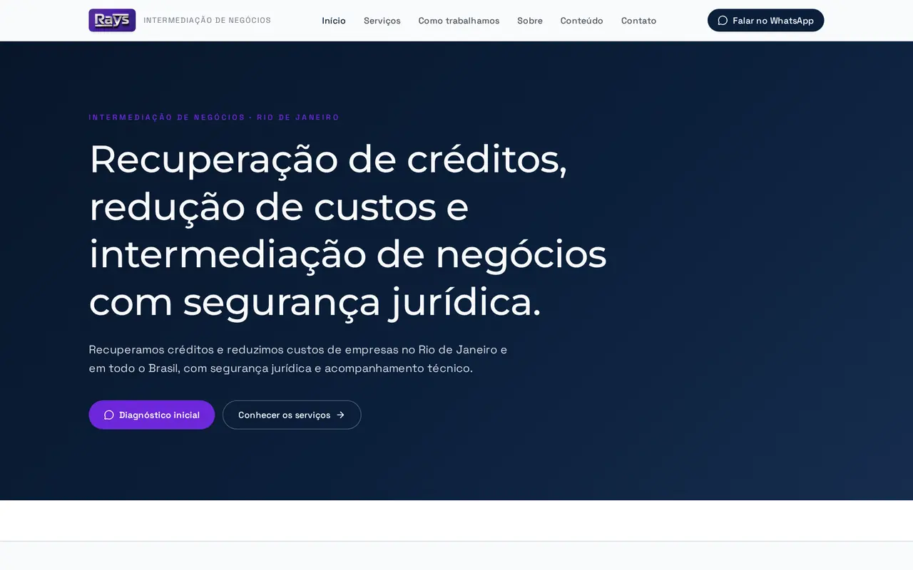 Homepage of the RAYS Negócios website